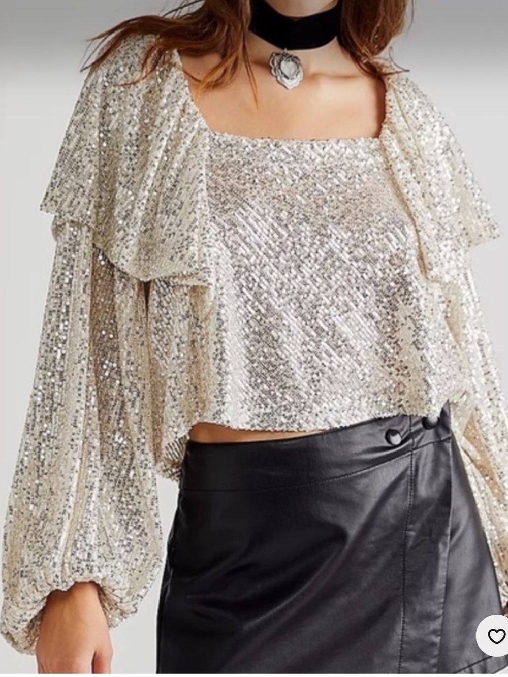 Free People Silver long sleeve Sequin Square-Neck Crop Top